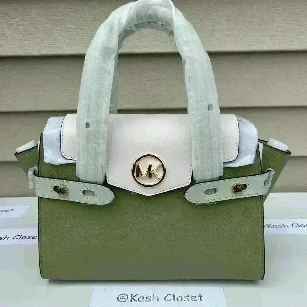 Michael Kors Carmen Satchel Purse Medium Flap Color Block Lt Sage Multi